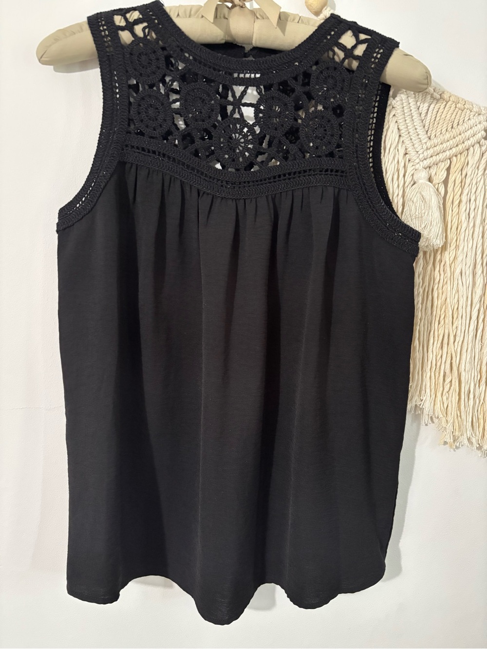 Adrianna Papell Black Crochet Yoke Sleeveless Top